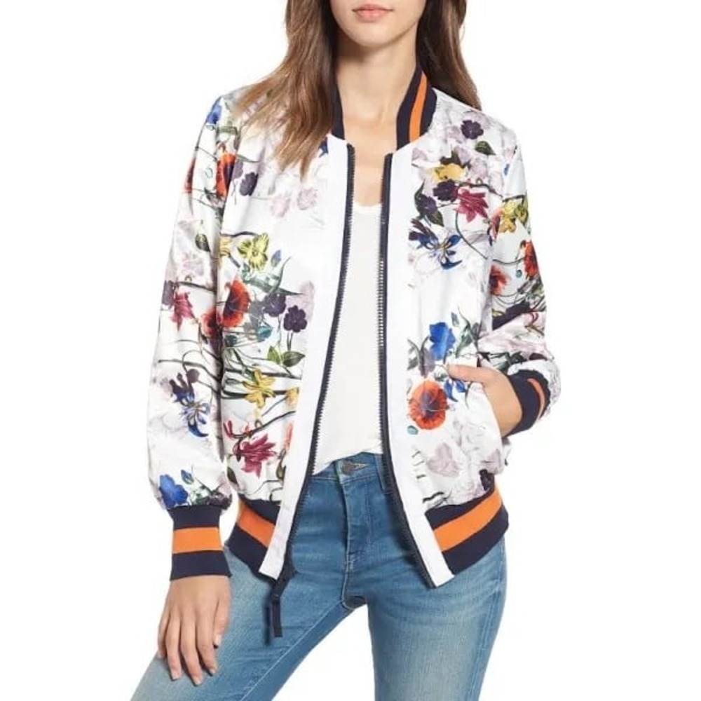 Rachel Roy White Satin Floral Bomber Jacket, Large HOT & HARD TO FIND